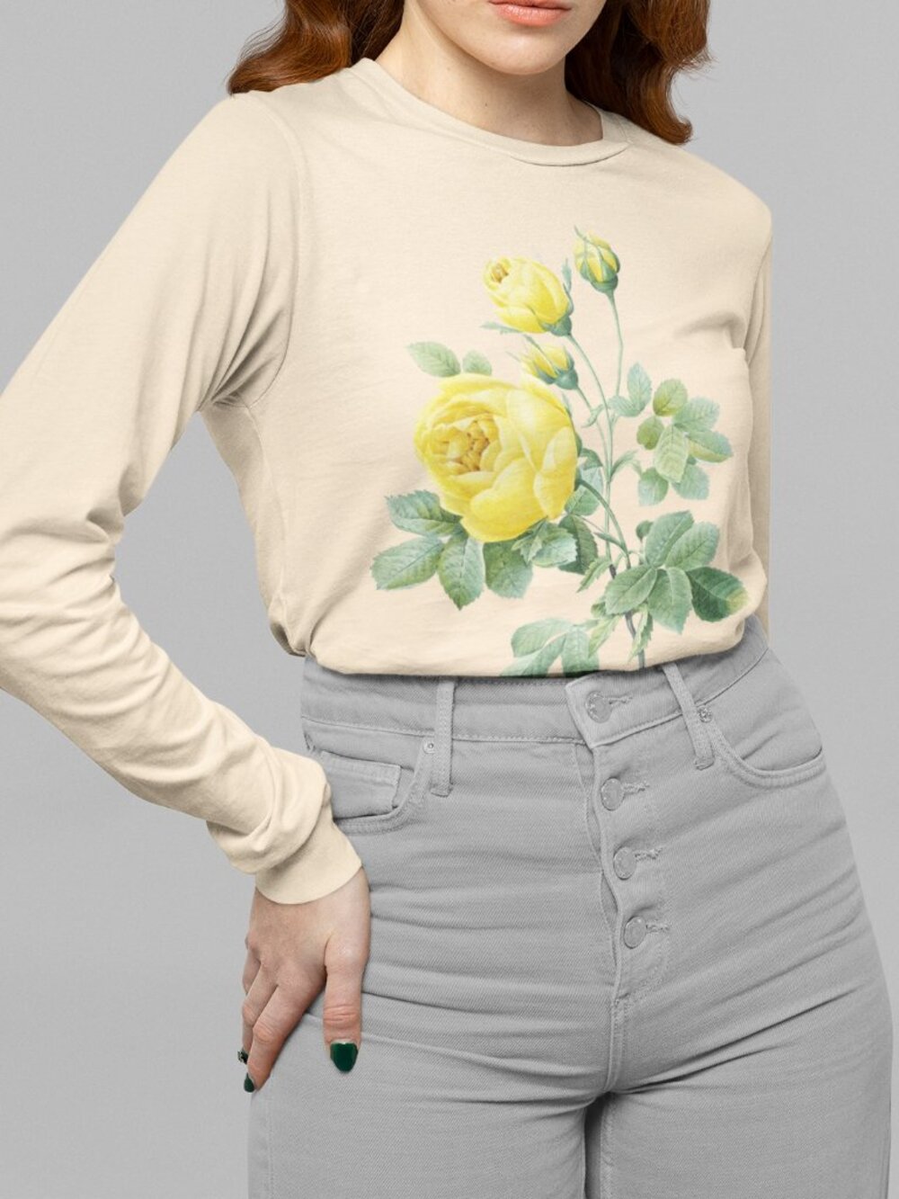 Yellow Rose Vintage Floral Print Long Sleeve Graphic Tee T-shirt S-XXL